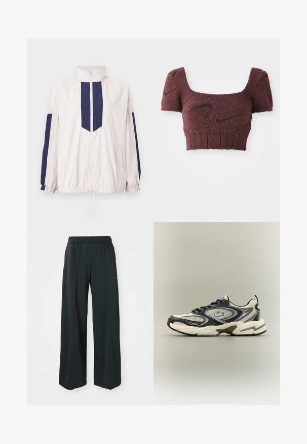 Lichte Nike windjack in het wit en marineblauw, met een hoge kraag, ritssluiting, elastische manchetten en twee zijzakken.; Mauve cropped top met een gestructureerde stof, vierkante halslijn, korte mouwen en geribde zoom, met subtiele donkere patronen door het geheel.; Zwarte, wijde sportbroek met een elastische tailleband. Gemaakt van gladde, rekbare stof, met subtiele voornaden en zonder zakken.; Zwarte en beige mesh sneakers hebben een gewatteerde kraag, een gestructureerd bovenwerk en een opvallend logo aan de zijkant. Slanke vormgeving met een gebogen zool.