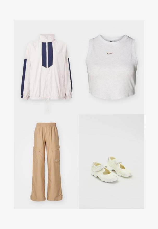 Leichte Nike Windjacke in Weiß und Marineblau, mit hohem Kragen, Reißverschluss, elastischen Bündchen und zwei Seitentaschen.; Weißes Crop-Top aus weichem, strukturiertem Stoff. Verfügt über einen runden Ausschnitt und einen ärmellosen Schnitt mit einem kleinen goldenen Nike-Logo auf der Vorderseite.; Nike Sportswear TREND - Cargohose - hemp; Weiße Mesh-Schuhe mit einem strukturierten Design, ausgestattet mit einem Klettverschluss und ausgeschnittenen Seiten, strukturiertem Stoff und einer klobigen Sohle.