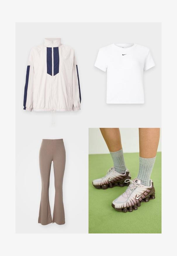 Ľahký vetrový kabát Nike v bielej a námorníckej modrej farbe, s vysokým golierom, zipsom, elastickými manžetami a dvoma bočnými vreckami.; Biele krátke tričko značky Nike s krátkym rukávom a zrezaným strihom, s malým čiernym logom Nike swoosh umiestneným pod výstrihom uprostred.; Hnedé rozšírené legíny vyrobené z mäkkej rebrovanej tkaniny. Dizajn obsahuje vysoký pás a šev po prednej strane každej nohy.; Nike tenisky v svetlo ružovej a hnedej farbe, s textúrovaným zvrškom, vrstveným dizajnom a podrážkou s odpružením a viditeľnými vzduchovými jednotkami.