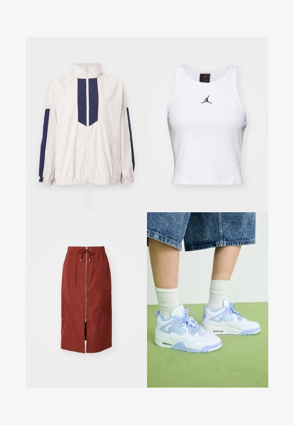 Chaqueta cortavientos ligera de Nike en blanco y azul marino, con un cuello alto, cierre de cremallera, puños elásticos y dos bolsillos laterales.; Top corto blanco de algodón con textura acanalada. Cuenta con un logo negro de Jordan en el centro y un clásico escote redondo.; Falda de longitud media en rojo terracota, con cremallera frontal, cinturilla elástica con cordón ajustable y bolsillos laterales con un diseño geométrico.; Zapatillas blancas y azul claro con acentos de malla, puntera redondeada, cordones y una unidad de amortiguación de aire, combinadas con calcetines blancos de canalé y pantalones cortos de mezclilla.