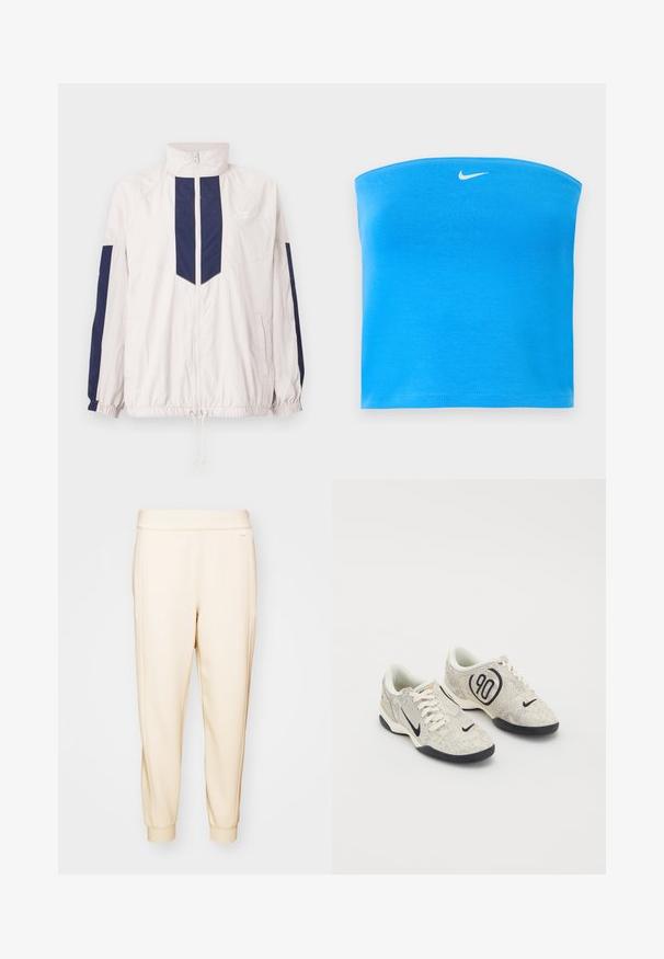 Chaqueta cortavientos ligera de Nike en blanco y azul marino, con un cuello alto, cierre de cremallera, puños elásticos y dos bolsillos laterales.; Top tubo sin tirantes de Nike en azul brillante con logo blanco Swoosh centrado cerca del borde superior.; Pantalones de chándal beige, ajustados en la parte inferior, hechos de una tela suave, con una cintura elástica y puños ajustados en los tobillos. Diseño minimalista, sin patrones visibles.; Zapatillas Nike con un upper texturizado en beige y gris, acentos negros, un gran logo de "90" y un cierre de cordones blancos. Suela negra.
