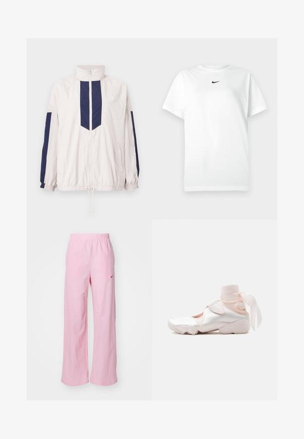 Ľahký vetrový kabát Nike v bielej a námorníckej modrej farbe, s vysokým golierom, zipsom, elastickými manžetami a dvoma bočnými vreckami.; Biele tričko s krátkym rukávom a okrúhlym výstrihom, na ktorom je malé čierne logo Nike swoosh umiestnené tesne pod výstrihom.; Ružové elastické nohavice s uvoľneným strihom. Obsahujú červené logo na ľavej strane a majú hladkú, ľahkú textúru.; Biele a bledo ružové tenisky s mäkkým látkovým obalom okolo členku zviazaným do mašle, disponujú nastaviteľným remienkom a zaoblenou podrážkou.