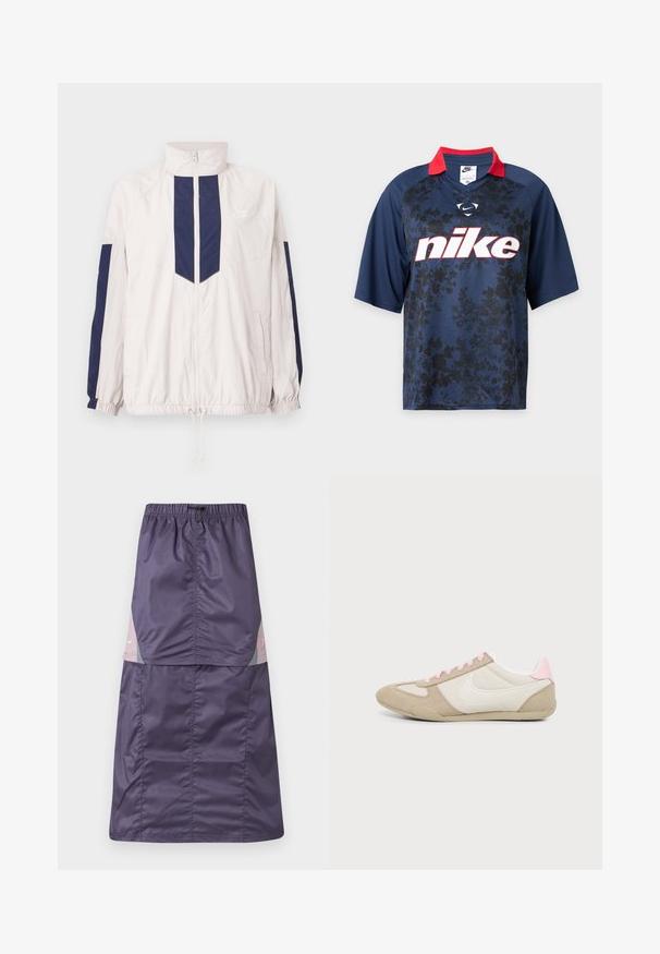 Ελαφριά αθλητική ζακέτα Nike σε λευκό και ναυάλι, με ψηλό κολάρο, φερμουάρ, ελαστικές μανσέτες και δύο πλευρικές τσέπες.; Μπλε σκουρόχρωμο μπλουζάκι Nike με κοντά μανίκια, μαύρο λουλουδάτο σχέδιο, κόκκινο γιακά και μεγάλο λευκό λογότυπο Nike στο στήθος.; Μωβ φούστα από νάιλον με ελαστική μέση, διαθέτει πάνελ σε έντονα χρώματα σε ροζ και πράσινο, και ένα μικρό λευκό λογότυπο στο πάνω μέρος.; Χαμηλού προφίλ μπεζ και λευκό αθλητικό παπούτσι με ροζ λεπτομέρειες και κορδόνια, με μεγάλο λευκό λογότυπο swoosh στο πλάι.