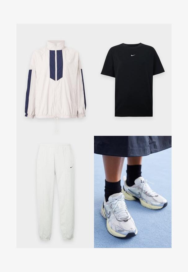 Letvægts Nike vindjakke i hvid og navy, med høj krave, lynlås lukning, elastiske manchetter og to sidelommer.; Sort bomulds-T-shirt med rund hals og korte ærmer. Har en lille hvid Nike-logo centreret på brystet. Glat tekstur.; Lysegrå Nike joggingbukser med elastisk taljebånd, tilspidsede manchetter og et lille sort logo på venstre lår. Blødt, tekstureret stof.; Hvide og sølv Nike sneakers med mesh-stof, reflekterende detaljer og en beige sål. Bæres med sorte sokker og står på en blå overflade.