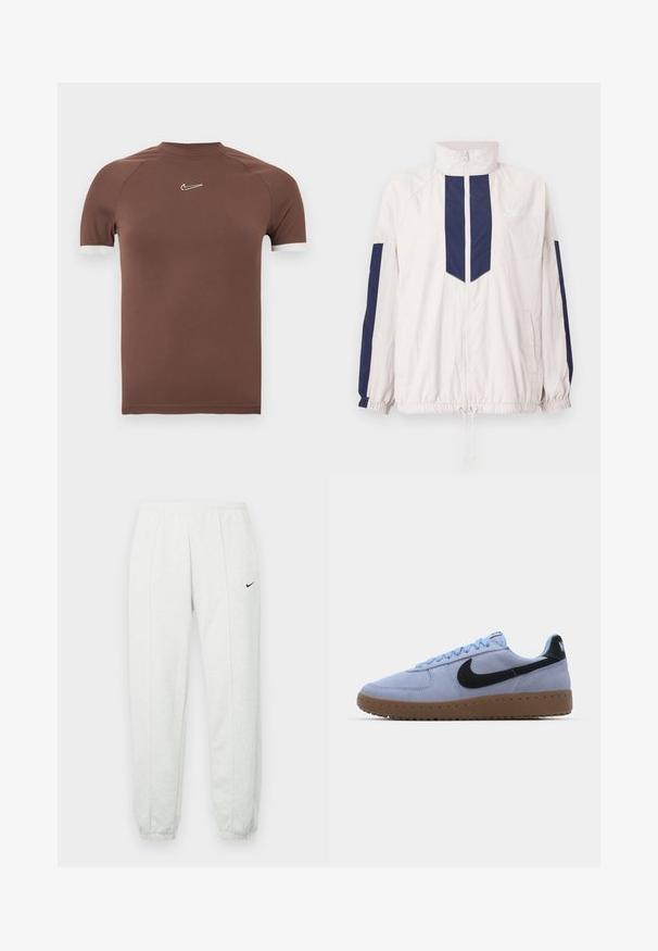 Ελαφριά αθλητική ζακέτα Nike σε λευκό και ναυάλι, με ψηλό κολάρο, φερμουάρ, ελαστικές μανσέτες και δύο πλευρικές τσέπες.; Καφέ κοντομάνικο πουκάμισο από απαλό ύφασμα με ψηλό λαιμό και λευκές λεπτομέρειες στις μανσέτες, με μικρό λογότυπο στο στήθος.; Ανοιχτό γκρι φόρμα Nike με ελαστική μέση, στενά μανσέτες και μικρό μαύρο λογότυπο στο αριστερό μηρό. Μαλακό, υφασμάτινο ύφασμα με υφή.; Nike Sportswear FIELD GENERAL - Αθλητικά παπούτσια - aluminum/black/dark brown/sail