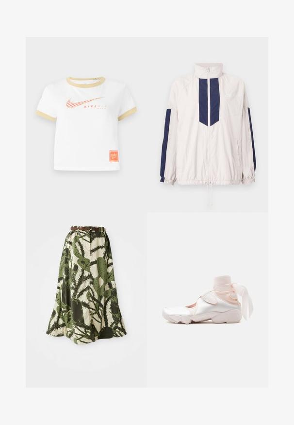 Leichte Nike Windjacke in Weiß und Marineblau, mit hohem Kragen, Reißverschluss, elastischen Bündchen und zwei Seitentaschen.; Weißes T-Shirt mit goldenen Akzenten, das ein rotes kariertes Nike-Swoosh-Logo, den Text "NIKE AIR" und ein kleines oranges Nike-Label am Saum zeigt.; Lange Rock mit einem Kaktusdruck in Grün- und Cremetönen, mit einer taillierten Taille und einem braunen Gürtel zum Verschließen.; Weißer und hellrosa Sneaker mit weichem Stoffknöchelwickel, der zu einer Schleife gebunden ist, mit verstellbarem Riemen und abgerundeter Sohle.