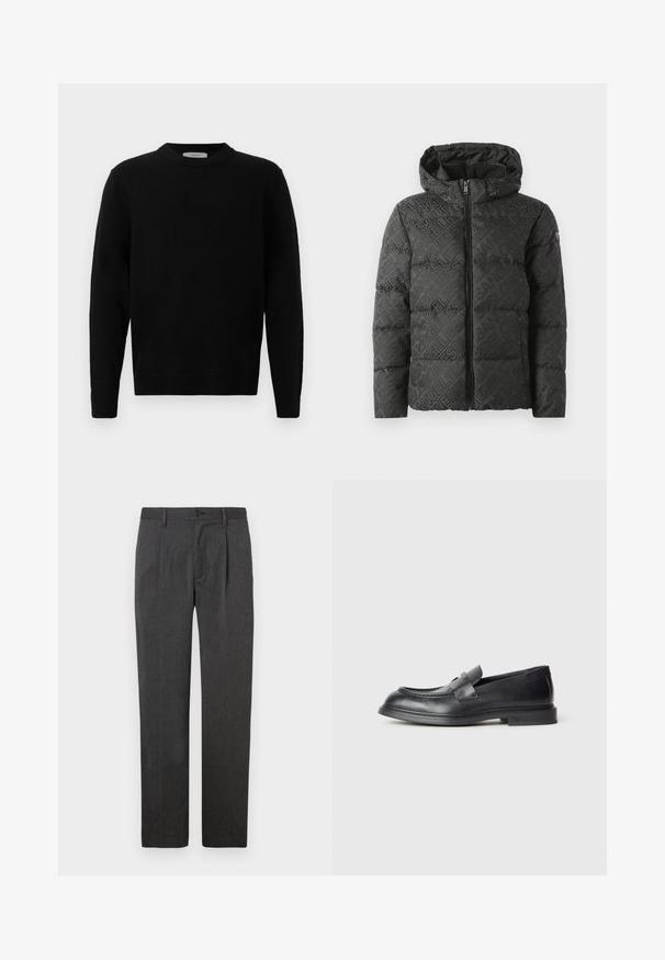 Schwarze Daunenjacke mit Kapuze, mit eingeprägten Logomustern, Reißverschluss vorne und elastischen Bündchen für eine bequeme Passform.; Schwarzer Strickpullover mit rundem Halsausschnitt, langen Ärmeln und gerippten Bündchen. Weicher Stoff mit einem klaren, minimalistischen Design, geeignet für lässige Anlässe.; Graue maßgeschneiderte Hose mit geradem Bein, ausgestattet mit einer Bügelfalte, Reißverschluss und Knopfverschluss. Glatte Textur, klassisches Design.; Schwarze Lederloafer mit strukturierter Oberfläche, versehen mit einem dekorativen Frontriemen und einer abgerundeten Spitze. Gummisohle für Langlebigkeit.