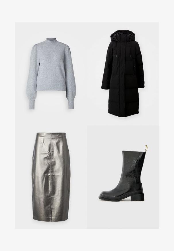Sort polstret frakke med lang design, fuld lynlås og hætte. Har justerbare snoretræk og to forlommer. Glat tekstur.; Lys grå pullover med høj hals, lange puffærmer og ribbede manchetter og nederkant. Fremstillet af blødt, tekstureret stof.; Metallic sølv blyantskirt i et glat, skinnende materiale. Har høj talje, slids bagpå og detaljer med midtersøm.; Sort ankelstøvle lavet af skinnende, tekstureret materiale. Har en kraftig hæl og en trækflap bagpå for nem påtagning.