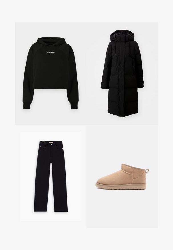Zwarte gewatteerde jas met een lange snit, volledig rits en een capuchon. Voorzien van verstelbare trekkoorden en twee voorzakken. Lichte structuur.; Zwarte cropped hoodie met een capuchon en trekkoorden, voorzien van een witte "PINKO"-logo over de borst. Gemaakt van zachte stof met geribbelde manchetten.; Zwarte denim jeans met een recht model, vijf zakken, koperen hardware en een gladde textuur. Twee labels zichtbaar op de tailleband.; Tan suède enkellaars met een afgeronde neus, zachte textuur, eenvoudig ontwerp en een laag profiel rubberen zool. Voorzien van een trekhaak aan de achterkant.