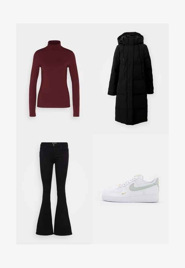 Sort polstret frakke med lang design, fuld lynlås og hætte. Har justerbare snoretræk og to forlommer. Glat tekstur.; Pieces PCSIRENE ROLLNECK - Langærmet T-shirt - tawny port; Sorte flared jeans med en glat stof, medium taljehøjde, forlommer og en knaplukning. Nederdelen flarer ud i bunden.; Nike Sportswear AIR FORCE 1 07 ESS - Sneakers - white/silver