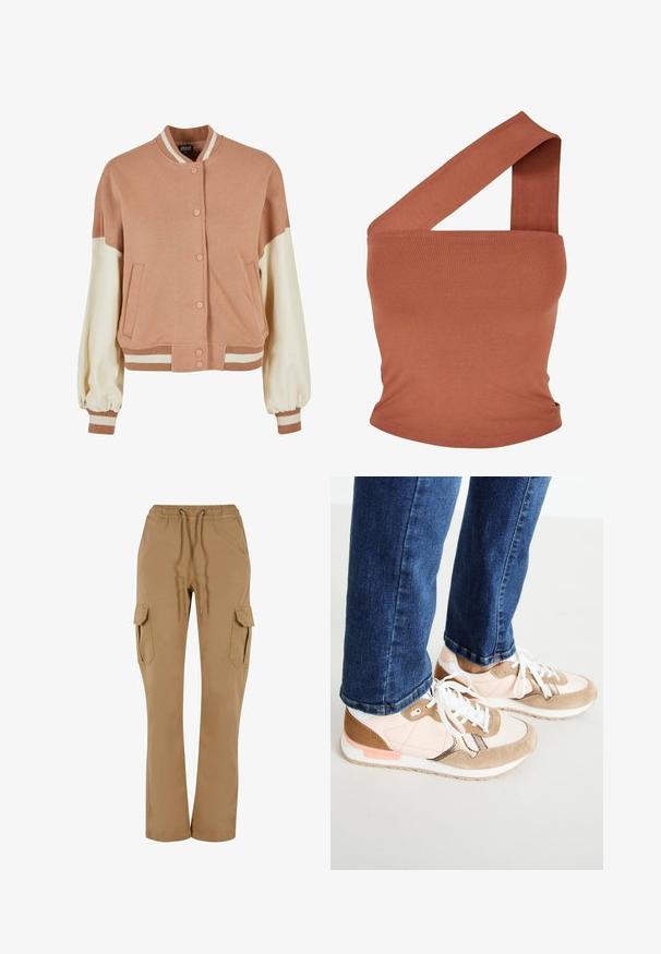 Chaqueta bomber de color rosa claro con mangas crema, puños y dobladillo acanalados. Presenta botones a presión y bolsillos en la parte frontal. Tejido suave y casual.; Top asimétrico de un solo hombro en tejido elástico de color óxido. Diseño ajustado con tirante ancho y textura suave. Sin patrones ni acentos.; Pantalones cargo en caqui con cintura elástica y cordón. Presentan dos bolsillos laterales y un corte relajado. Fabricados en tejido suave.; Zapatillas con una mezcla de piel en color rosa empolvado y ante beige, con cordones blancos, una entresuela blanca y una suela de goma texturizada. Jeans de mezclilla ligeramente recortados por encima del zapato.