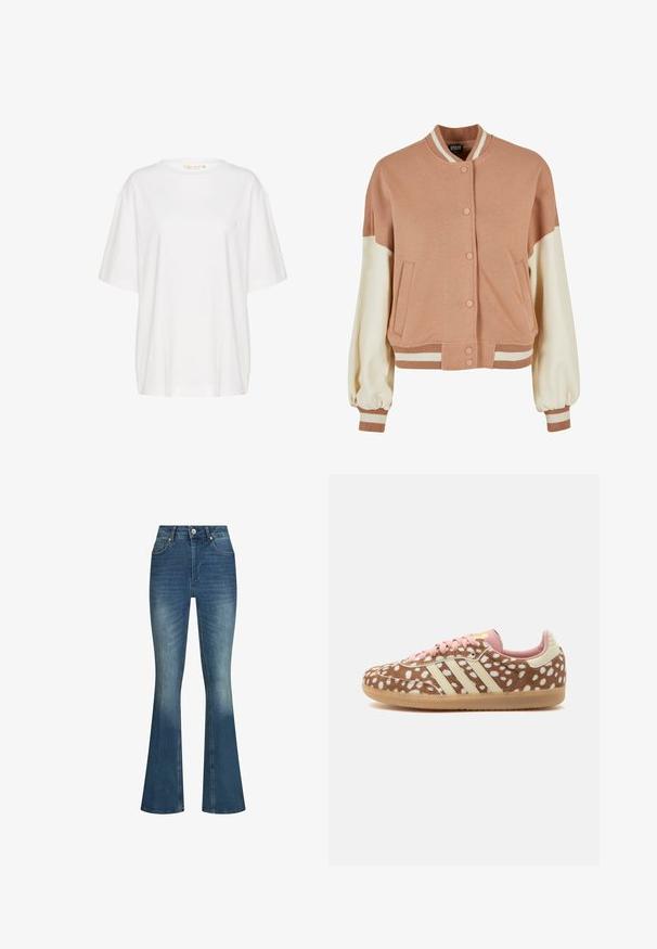 Chaqueta bomber de color rosa claro con mangas crema, puños y dobladillo acanalados. Presenta botones a presión y bolsillos en la parte frontal. Tejido suave y casual.; Camiseta de manga corta blanca, confeccionada en algodón suave. Presenta un escote redondo y un discreto detalle de logo en el lado izquierdo del pecho. Diseño de corte recto.; Vaqueros de mezclilla azul de talle alto con una ligera campana en la parte inferior, cierre de botones delanteros, cremallera y diseño clásico de cinco bolsillos.; Zapatilla marrón y blanca con manchas, con rayas beige, cordones rosas, interior rosa y suela color goma, mostrada de perfil.