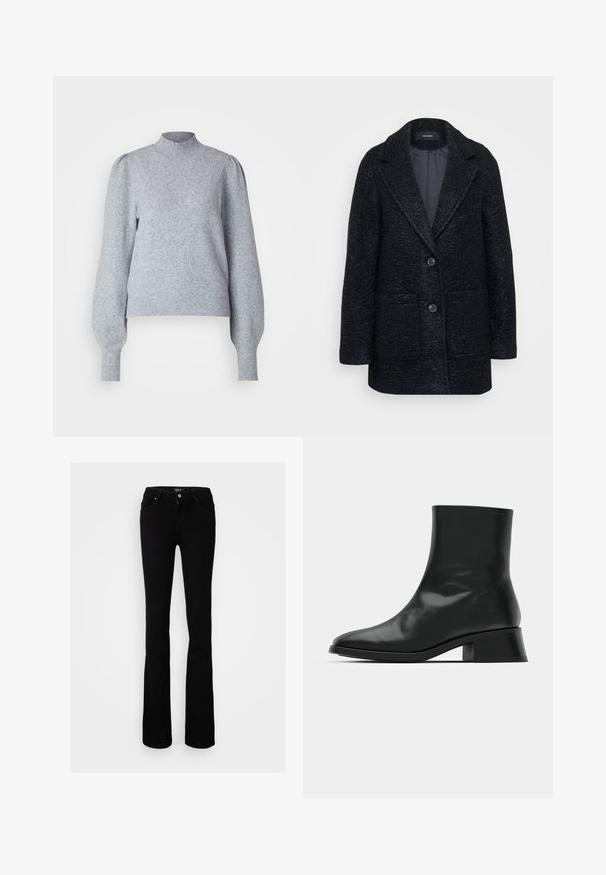 Manteau en laine noir texturé avec col cranté, deux poches avant et fermeture à deux boutons. Intérieur doublé pour un confort supplémentaire.; Pull en maille gris clair avec un col haut, de longues manches bouffantes et des poignets et un ourlet côtelés. Fait d'un tissu doux et texturé.; Jean flare en denim noir extensible avec fermeture à bouton, quatre poches et une texture lisse, conçu pour une silhouette ajustée.; Bottine noire en cuir brillant, au design épuré, avec un bout pointu et un petit talon bloc pour plus de stabilité.