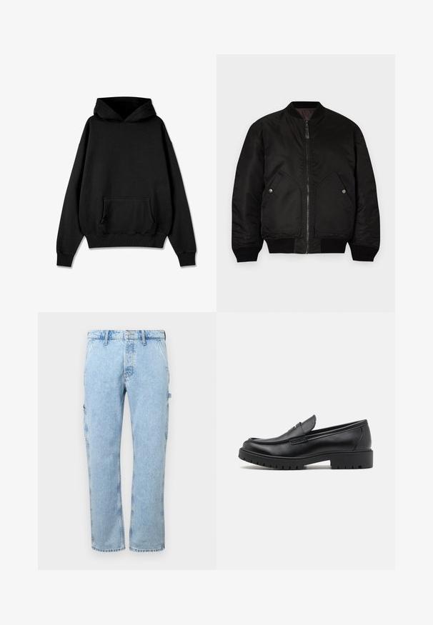Schwarze Bomberjacke mit einem Reißverschluss vorne, gerippten Bündchen und zwei großen Seitentaschen. Verfügt über eine glatte, matte Oberfläche und einen runden Kragen.; Pegador LOGO OVERSIZED HOODIE - Kapuzenpullover - vintage black black; Hellblaue Denim-Cargo-Hosen mit geradem Bein, seitlichen Taschen und einem Knopfverschluss an der Taille. Der Stoff hat eine verblasste Textur.; Schwarze Lederloafers mit runder Zehenform, eleganter Schlupfdesign und dicker Gummisohle mit strukturiertem Griff. Erhöhter Absatz und dezente Nähdetails.