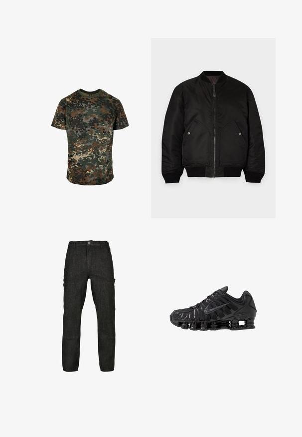 Zwarte bomberjack met een ritssluiting aan de voorkant, ribbelmanschetten en twee grote zijzakken. Heeft een gladde, matte textuur en een ronde kraag.; Camo t-shirt van katoen, met een meerkleurig patroon in groen, bruin en zwart. Ronde hals en korte mouwen.; Zwarte denim broek met een relaxte pasvorm, voorzien van zijzakken en een subtiele textuur. Stiksel details langs de knieën zorgen voor extra stevigheid.; Zwarte sportschoenen gemaakt van mesh en synthetische materialen, met een opvallend golvend ontwerp, zwarte rubberen zool en reflecterende accenten.
