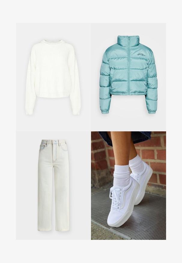 Veste courte et rembourrée en bleu clair, en tissu brillant. Présente un col haut, une fermeture éclair et un logo brodé sur la poitrine.; Pull en maille blanche avec un col rond, des manches longues et une coupe décontractée. Présente un motif texturé et un ourlet et des poignets côtelés.; Jean en denim bleu clair à taille haute avec jambe droite, boutons à l'avant, fermeture éclair et cinq poches.; Baskets en toile blanches avec semelles en caoutchouc, dotées de six œillets, d'un bout rond et de détails de couture légers, portées avec des chaussettes blanches mi-mollet.