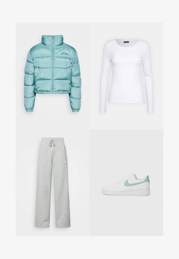 Veste courte et rembourrée en bleu clair, en tissu brillant. Présente un col haut, une fermeture éclair et un logo brodé sur la poitrine.; T-shirt à manches longues blanc côtelé avec un col rond. Fabriqué en un tissu extensible qui épouse le corps. Présente de fines lignes horizontales.; Pantalon de survêtement gris avec une taille élastique, un détail de cordon de serrage et un petit logo Nike blanc sur la cuisse gauche. Tissu doux, coupe ample.; Baskets blanches en cuir avec un swoosh Nike vert menthe et une languette au talon, semelle texturée et design classique à lacets.