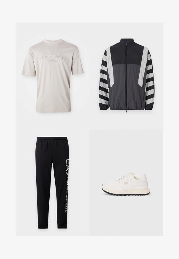 Chaqueta cortavientos en negro y gris. Cuenta con un cuello alto, cierre completo y mangas a rayas. Fabricada con un material ligero y texturizado.; Camiseta de manga corta color beige claro, hecha de una tela suave, con el logo bordado "Emporio Armani Milano" en un tono ligeramente más oscuro.; Pantalones de chándal negros hechos de una mezcla de algodón, con una cinturilla elástica, piernas estrechas, puños acanalados y estampado de logo blanco en el lateral.; Zapatilla blanca con un upper de cuero suave, acentos laterales texturizados y una suela de goma negra. Cuenta con un logo en el costado y cordones gruesos.