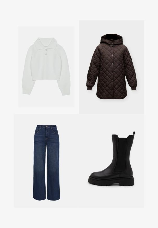 Lang mørkebrun lakeret jakke med hætte, forreste trykknapper, ribkantede manchetter og to sidelommer, vist på en ensfarvet lys baggrund.; Hvid cropped sweater med ribbet tekstur, stor krave og tre dekorative knapper ved halsudskæringen. Lange ærmer med ribbede manchetter.; Mørkeblå cowboybukser med høj talje og vide ben, med forlommer, bæltestropper og knaplukning, vist mod en ensfarvet baggrund.; Sorte ankelhøje støvler i glat læder med elastiske sidepaneler. Tykk gummisål med mønster og en tekstiltrækstrop bagpå.