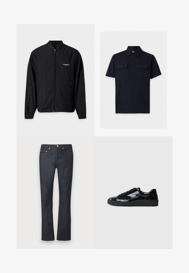 Veste légère noire zippée avec col montant, deux poches latérales et petit logo blanc Emporio Armani sur la poitrine gauche.; Polo noir à manches courtes avec col, patte de boutonnage à quatre boutons, et deux poches poitrine avec rabats boutonnés sur fond uni.; Jean droit en denim bleu foncé avec bouton sur le devant, fermeture éclair et cinq poches sur un fond uni.; Baskets en cuir verni noir avec un bout arrondi, un laçage, une semelle en caoutchouc texturé et une finition lisse.