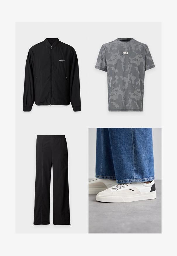 Mustaa kevyt vetoketjutakki, jossa pystykaulus, kaksi sivutaskua ja pieni valkoinen Emporio Armani -logo vasemmassa rinnassa.; Harmaa lyhythihainen t-paita, jossa on abstrakti raidallinen maastokuvio ja rintakehän keskellä EA7 Emporio Armani -logopläkki.; Mustat leveät housut, joissa on sileä rakenne, elastinen vyötärö ja kiristysnauhat nilkoissa. Ominaisuuksiin kuuluu erottuva ompelu.; Valkoiset ja mustat tennarit, joissa on sileä nahkapäällinen, tekstuuriakcentit ja paksu valkoinen pohja. Varustettu klassisella nauhakiinnityksellä.