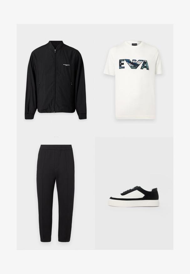 Sort letvægtsjakke med lynlås, stående krave, to sidelommer og lille hvid Emporio Armani-logo på venstre bryst.; Hvid T-shirt med korte ærmer og store blå-grønne palietbogstaver "EVA" samt en stiliseret ørnelogo i midten.; Sorte joggingbukser med elastisk taljebånd, konisk benindretning, frontplisseringer, sidelommer og elastiske manchetter ved anklerne.; Lave sneakers med sort ruskind og hvide læderpaneler, sorte snørebånd og tyk hvid gummisål, vist fra ydersiden.