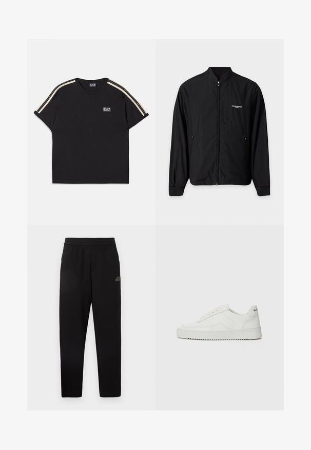 Chaqueta ligera negra con cremallera, cuello alto, dos bolsillos laterales y pequeño logo blanco de Emporio Armani en el pecho izquierdo.; Camiseta de algodón negra con mangas cortas. Presenta rayas en contraste beige en los hombros y un pequeño logotipo de la marca en el pecho.; Pantalones de chándal negros ajustados con cinturilla elástica y pequeño logotipo impreso en el muslo izquierdo superior.; Zapatilla de cuero blanca con un acabado suave, puntera redonda, cordones planos y suela texturizada. Cuenta con un sutil logo en el talón.