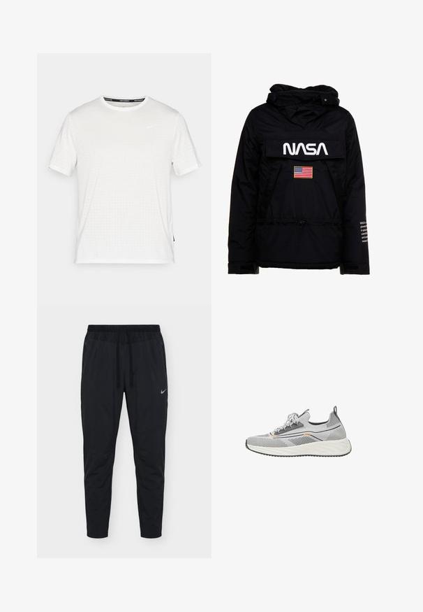 Musta takki, jossa on suuri valkoinen "NASA"-logo, Amerikan lipun päällekkäin ommeltu patchi, säädettävä naru ja tekstiä hihassa.; Valkoinen lyhythihainen urheilupaita, jossa on teksturoitu kuvio, pyöreä pääntie ja pieni musta Nike-logo rinnassa.; Miesten mustat urheilu- ja vapaa-ajan housut, joissa säädettävä nyöritys vyötäröllä, sivutaskut vetoketjuilla ja pieni Nike-logo oikeassa reisessä.; Kevyt harmaa urheilukengä, jossa on teksturoitu neulepäällinen, kontrastiväriset mustat ja oranssit yksityiskohdat, valkoinen keskivahvistus ja musta kumipohja.