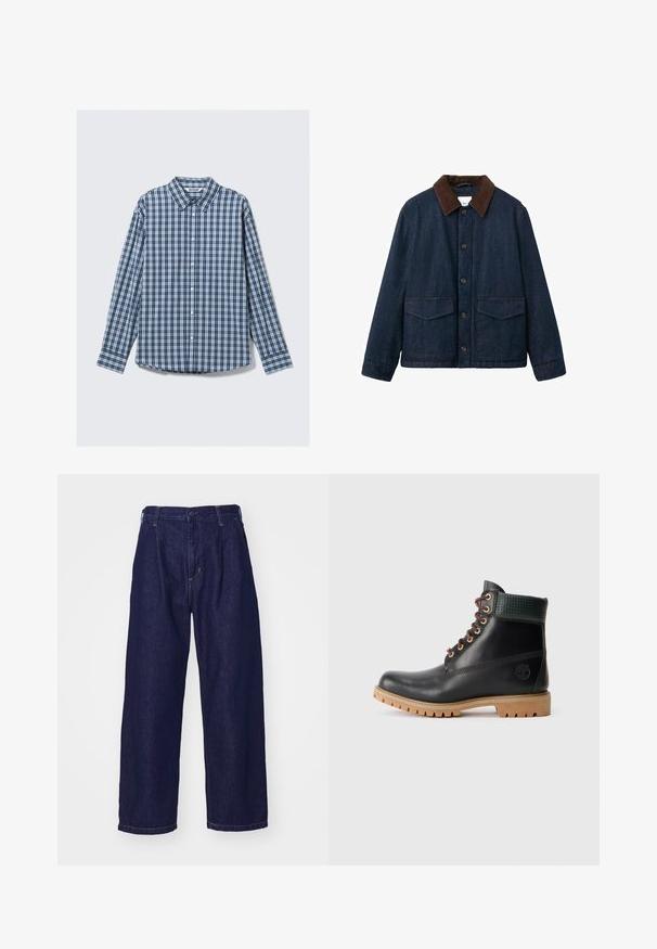 Veste en denim avec une finition bleu foncé, col en velours côtelé marron, fermeture à boutons et deux poches plaquées à l'avant. Présente un design classique.; Chemise à manches longues à carreaux bleus et blancs avec col, boutonnage et manches à poignets. Tissu en coton avec une texture lisse.; Jean en denim bleu foncé, design à jambe large, taille haute, avec une fermeture à bouton et un style classique à cinq poches. Texture lisse, couture discrète.; Botte de cheville noire en cuir avec des lacets marron, col rembourré vert et semelle en caoutchouc beige avec des rainures profondes, vue de côté sur fond blanc.