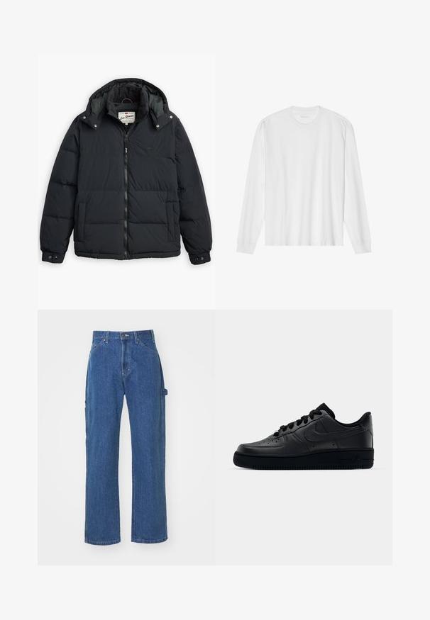 Schwarze Daunenjacke mit abnehmbarer Kapuze, Reißverschluss vorne, seitlichen Taschen und elastischen Bündchen. Verfügt über genähte Einsätze für Isolation und Wärme.; Weißes langärmeliges Baumwoll-T-Shirt mit Rundhalsausschnitt, mit gerippten Bündchen und geradem Saum, glatter Textur und minimalistischem Design.; Blaue Denim-Jeans in einer lässigen Passform mit geradem Bein, ausgestattet mit Vorder- und Hintertaschen sowie einem Knopfverschluss an der Taille.; Schwarzer Nike Air Force 1 Schuh mit einem glatten Lederoberteil, perforierter Zehenpartie für Atmungsaktivität, schwarzen Schnürsenkeln und einer strukturierten Gummisohle.