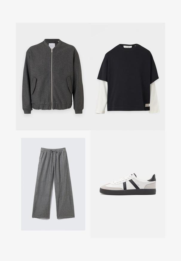 Γκρι bomber jacket με ψηλό γιακά, μπροστινό φερμουάρ και δύο πλαϊνές τσέπες. Φτιαγμένο από υφασμάτινη μίξη με υφή. Ριμπέτες στους μανσέτες και στο στρίφωμα.; Μαύρο πουκάμισο με κοντά μανίκια φορεμένο πάνω από λευκό πουκάμισο με μακριά μανίκια, με μια μικρή ετικέτα στο κάτω δεξί μέρος μπροστά.; Γκρι παντελόνι με φαρδιά μπατζάκια κατασκευασμένο από μαλακό ύφασμα. Διαθέτει ελαστική μέση με κορδόνι. Περιλαμβάνει ορατές ραφές και σχέδιο με άνετη εφαρμογή.; Λευκό αθλητικό παπούτσι με μαύρες και γκρί λεπτομέρειες, featuring ένα υφή γκρί καλύμμα δαχτύλου, μαύρη καουτσούκ σόλα και επίπεδες λευκές κορδόνες. Καθαρός σχεδιασμός, μινιμαλιστικό στυλ.