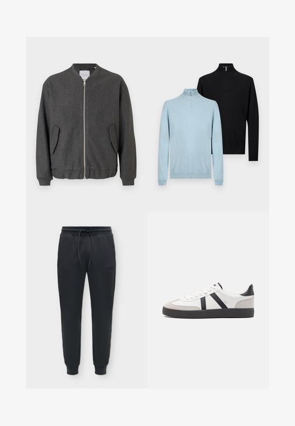Γκρι bomber jacket με ψηλό γιακά, μπροστινό φερμουάρ και δύο πλαϊνές τσέπες. Φτιαγμένο από υφασμάτινη μίξη με υφή. Ριμπέτες στους μανσέτες και στο στρίφωμα.; Δύο πουλόβερ μακρυμάνικα με φερμουάρ μέχρι τη μέση, ένα ανοιχτό μπλε μπροστά και ένα μαύρο πίσω, εκτεθειμένα σε απλό φωτεινό φόντο.; Μαύρο παντελόνι jogging με ελαστική μέση και κορδόνι, με στενά μπατζάκια, πλαϊνές τσέπες και ριμπ μανσέτες.; Λευκό αθλητικό παπούτσι με μαύρες και γκρί λεπτομέρειες, featuring ένα υφή γκρί καλύμμα δαχτύλου, μαύρη καουτσούκ σόλα και επίπεδες λευκές κορδόνες. Καθαρός σχεδιασμός, μινιμαλιστικό στυλ.