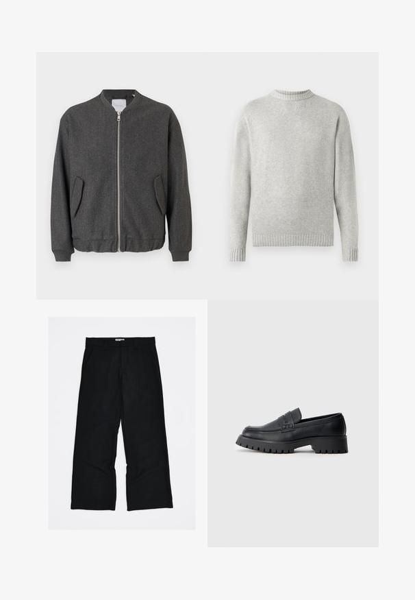 Γκρι bomber jacket με ψηλό γιακά, μπροστινό φερμουάρ και δύο πλαϊνές τσέπες. Φτιαγμένο από υφασμάτινη μίξη με υφή. Ριμπέτες στους μανσέτες και στο στρίφωμα.; Ανοιχτό γκρι πουλόβερ φτιαγμένο από μαλακό ύφασμα, με ραμμένο κυκλικό λαιμό και ραμμένα μανίκια και στρίφωμα. Μινιμαλιστικός σχεδιασμός, μακριά μανίκια.; Μαύρο παντελόνι με λεπτές ρίγες κατασκευασμένο από λείο, ελαφρύ ύφασμα. Διαθέτει σχέδιο με ολόκληρο μήκος, φαρδύ πόδι και μπροστινές τσέπες.; Μαύρες δερμάτινες μπαλαρίνες με στρογγυλή μύτη, που διαθέτουν διακοσμητική λωρίδα και χοντρή καουτσούκ σόλα με βαθιά αυλάκια για πρόσφυση.
