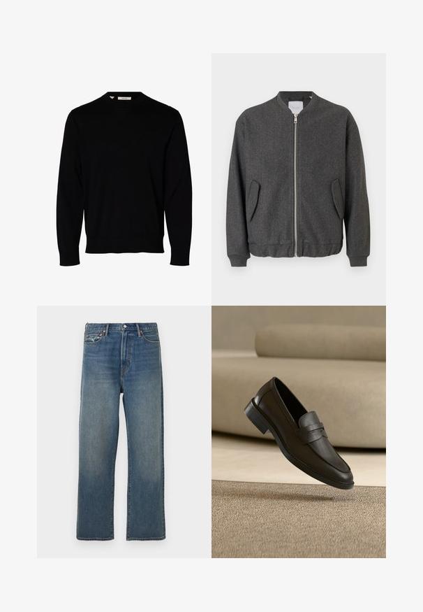 Veste bomber grise avec un col haut, fermeture éclair à l'avant et deux poches latérales. Fabriquée dans un tissu texturé en mélange de laine. Manches et ourlet côtelés.; Pull noir uni à manches longues avec col rond, poignets et ourlet côtelés, présenté sur fond blanc.; Jean en denim bleu à jambe droite avec une légère décoloration, design à cinq poches, passants de ceinture et fermeture à bouton à l'avant.; Chaussure loafer en cuir noir reposant sur un tapis beige avec un canapé beige courbé en arrière-plan.