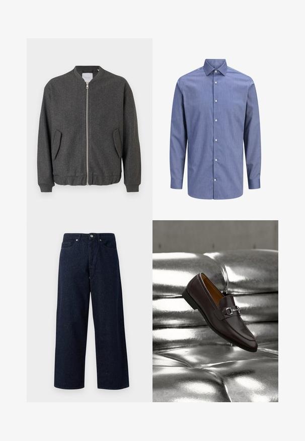 Γκρι bomber jacket με ψηλό γιακά, μπροστινό φερμουάρ και δύο πλαϊνές τσέπες. Φτιαγμένο από υφασμάτινη μίξη με υφή. Ριμπέτες στους μανσέτες και στο στρίφωμα.; Ανδρικό πουκάμισο με μακριά μανίκια σε μπλε χρώμα, κλασικό γιακά και λευκά κουμπιά μπροστά, παρουσιασμένο σε λευκό φόντο.; Σκούρο μπλε τζιν παντελόνι σε φαρδύ κόψιμο με κλείσιμο με κουμπί, μπροστινές τσέπες και διακριτή υφή, με ευθείες μπατζάκια και άνετη εφαρμογή.; Σκούρο καφέ δερμάτινο μοκασίνι με ασημένια μεταλλική πόρπη, τοποθετημένο σε γυαλιστερή, μεταλλική ασημί επιφάνεια με καπιτονέ σχέδιο, σε γωνία ώστε να φαίνονται οι πλευρικές και επάνω λεπτομέρειες.