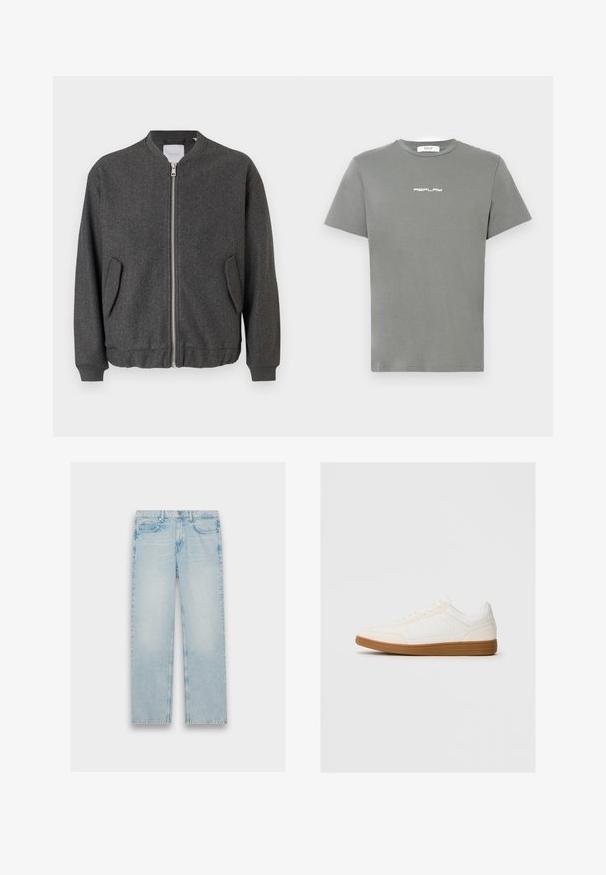 Graue Bomberjacke mit hohem Kragen, Frontreißverschluss und zwei Seitentaschen. Hergestellt aus einem strukturierten Wollmischgewebe. Gerippte Bündchen und Saum.; Graues Baumwoll-T-Shirt mit kurzen Ärmeln und Rundhalsausschnitt, versehen mit einem weißen "REPLAY"-Logo auf der Vorderseite. Schlichtes, unverziertes Design.; Hellblaue Jeans aus Denim mit geradem Bein, fünf Taschen und einem verwaschenen Finish. Metallbeschläge und gestickte Details sind sichtbar.; Weißer Sneaker mit einer Wildleder-Zehenkappe, glattem Synthetik-Obermaterial und einer sandfarbenen Gummisohle. Verfügt über Perforationen an den Seiten für Atmungsaktivität.