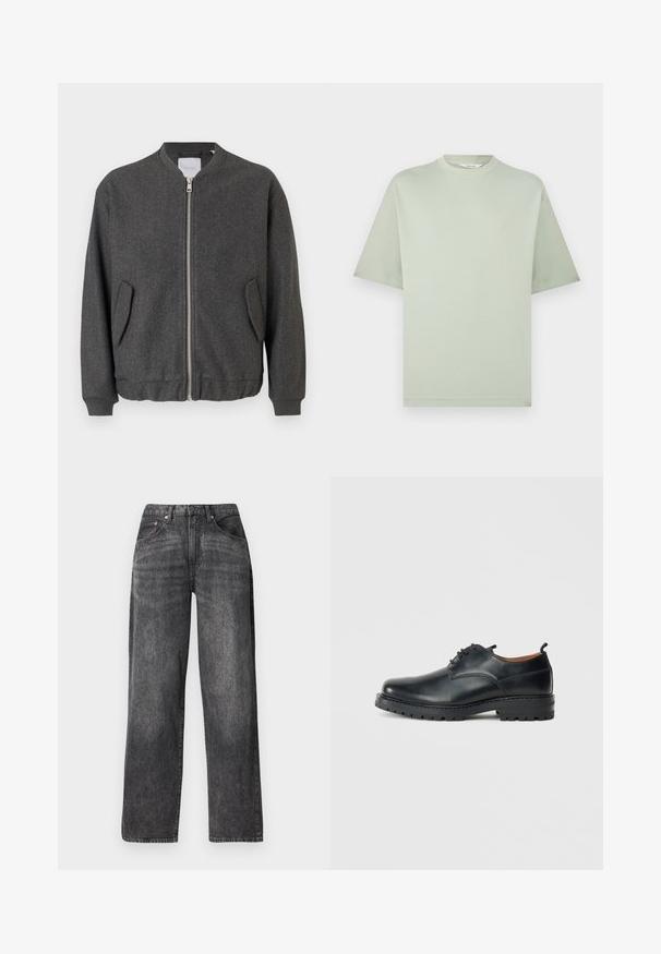 Chaqueta bomber gris con cuello alto, cremallera frontal y dos bolsillos laterales. Confeccionada en una mezcla de lana texturada. Puños y dobladillo acanalados.; Camiseta de manga corta de cuello redondo de color verde claro con un ajuste holgado sobre un fondo blanco.; Jeans negros de talle alto y pierna recta con bolsillos delanteros y traseros, trabillas para cinturón y detalles de costuras visibles.; Zapatos derby de cuero negro con una textura suave, punta redondeada, diseño de cordones y una suela de goma gruesa y resistente.