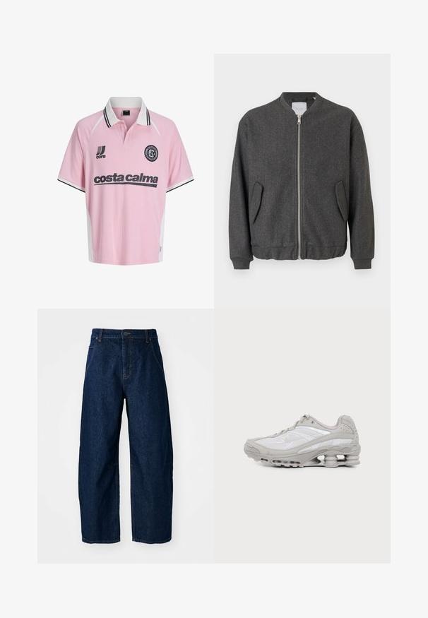 Γκρι bomber jacket με ψηλό γιακά, μπροστινό φερμουάρ και δύο πλαϊνές τσέπες. Φτιαγμένο από υφασμάτινη μίξη με υφή. Ριμπέτες στους μανσέτες και στο στρίφωμα.; Ροζ κοντομάνικη ποδοσφαιρική φανέλα με λευκό γιακά, μαύρες λεπτομέρειες, κείμενο «"costa calma"» και εμβλήματα της ομάδας στο στήθος.; Φαρδιά σκούρα τζιν παντελόνια με ψηλή μέση, διαθέτουν πέντε τσέπες, κλείσιμο με κουμπί μπροστά και ορατές λεπτομέρειες ραφής.; Γκρι και άσπρο αθλητικό παπούτσι με ορατό αεριζόμενο πέλμα και πλέγμα, εμφανίζεται σε προφίλ σε απλό ανοιχτό φόντο.
