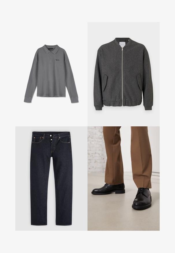 Chaqueta bomber gris con cuello alto, cremallera frontal y dos bolsillos laterales. Confeccionada en una mezcla de lana texturada. Puños y dobladillo acanalados.; Polo de manga larga en tela a rayas gris. Cuenta con un cuello, placa de tres botones y un discreto logotipo negro en el pecho.; Vaqueros azul oscuro de pierna recta con bragueta de botones, bolsillos delanteros y traseros, y detalles de remaches de cobre sobre un fondo gris claro.; Zapatos de cuero negro con superficie lisa y puntera redonda, que presentan cierre con cordones y una suela baja y plana. Combinados con pantalones marrones.