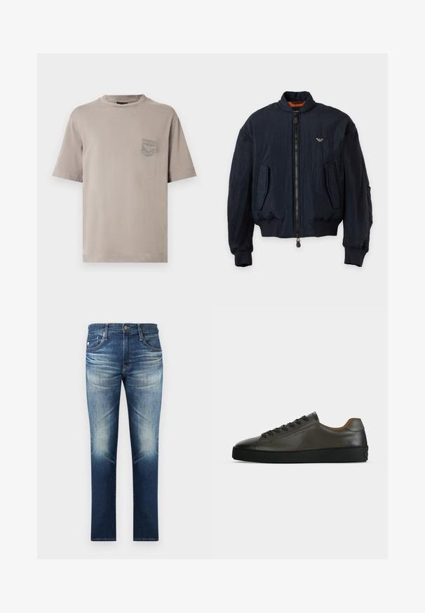 Veste bomber bleu marine avec poignets et ourlet côtelés, fermeture éclair avant, deux poches inclinées et petit logo doré sur la poitrine gauche.; T-shirt en coton gris à manches courtes, col rond et petite poche poitrine ornée du logo de la marque brodé. Texture douce et coupe décontractée.; Jean en denim bleu avec des détails délavés sur les cuisses et les genoux, style classique à cinq poches, coupe droite.; Basket basse en cuir gris foncé avec lacets et semelle noirs, design minimaliste, profil latéral sur un fond clair uni.