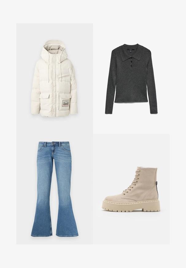 Replay JACKET - Vinterfrakke - winter white; Mørkegrå, ribstrikket polo med lange ærmer og krave, med tre sorte knapper ved halsudskæringen og en let kortet kant.; Blå denim flared jeans med høj talje, der har fem lommer, kontrastsyninger og en let farvegradient mod kanten.; Beige ruskindsankelstøvle med platformsål, snørebånd fortil og lynlås i siden. Har syninger og en tekstureret sål.