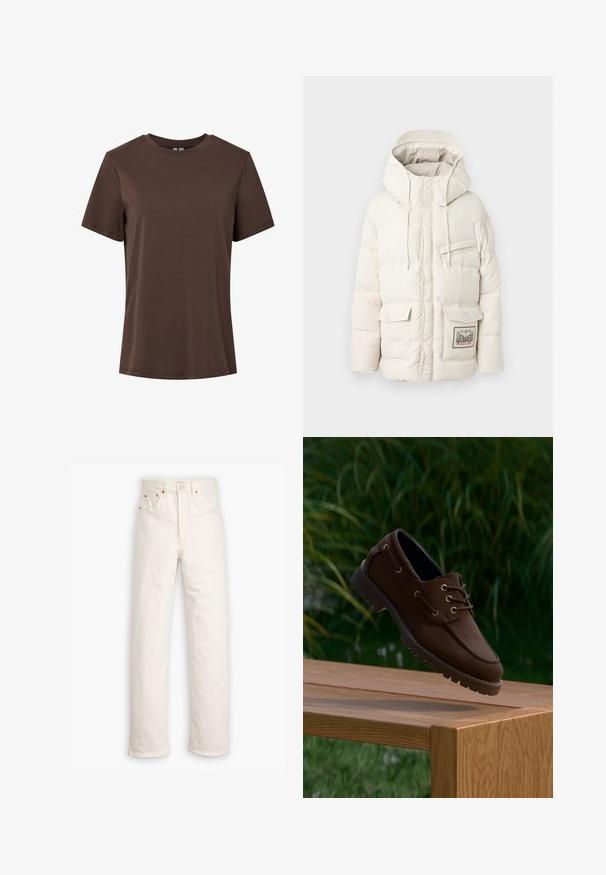 Replay JACKET - Manteau d'hiver - winter white; T-shirt en coton marron uni à manches courtes et col rond, présenté sur un fond blanc.; Jeans en denim blanc avec un design à jambe droite, style cinq poches et accents en métal cuivré. Finition effilochée au niveau des chevilles.; Chaussure bateau en cuir marron à semelle robuste suspendue au-dessus d'un banc en bois, sur fond de feuillage vert extérieur.