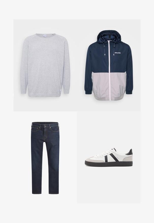 Marineblå og grå vindjakke med hætte, frontlynlås, elastiske manchetter og snoretræk. Har logo på brystet. Glat tekstur.; Lys grå sweater med lange ærmer, rund halsudskæring og struktureret strik. Har et diskret spættet mønster og et lille mærke ved kanten.; Mørkeblå denim jeans med lige ben, fem-lomme design og metalknaplukning. Har kontrasterende syning overalt.; Hvide sneakers med sorte og grå detaljer, med en tekstureret grå tåhætte, sort gummisål og flade hvide snørebånd. Rent design, minimalistisk stil.
