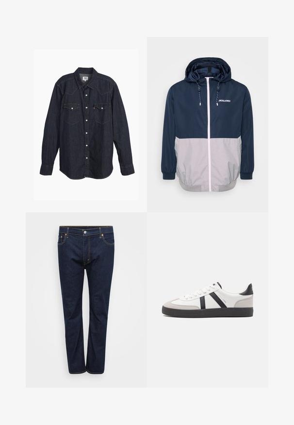 Tumesinine ja hall tuuleveekindel jakk kapuutsiga, ees lukk, elastsed mansetid ja nööridetailid. Rinnaosal logo. Sile tekstuur.; Tume denimis pikkade varrukatega särk terava kraega, kahe rinnataskuga, valgete nuppudega ja kontrastse kollase õmblusega. Sujuv ja vastupidav kangas.; Tumedat sinised teksapüksid otsepholaga disainiga, millel on nähtavad kontrastse kollase õmblusega viie taskuga ja esine nupuga sulgemine.; Valged tossud mustade ja hallide aktsentidega, tekstureeritud halli varbakattega, musta kummitald ja lamedad valged paelad. Puhtad jooned, minimalistlik stiil.