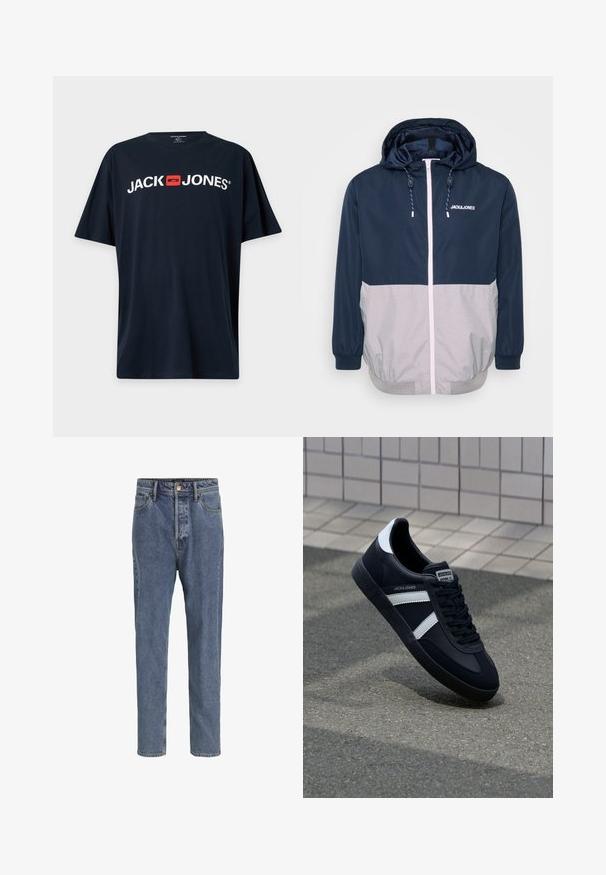 Marineblå og grå vindjakke med hætte, frontlynlås, elastiske manchetter og snoretræk. Har logo på brystet. Glat tekstur.; Sort T-shirt med korte ærmer med hvid "JACK JONES" tekst og et rødt firkantet logo centreret på brystet.; Lyseblå denimjeans med fem lommer, lige ben, knaplukning og bæltestropper, vist mod en ensfarvet baggrund.; Sort lædersneaker med hvide striber, tekstureret gummisål og snørrebånd foran. Har et brandet mærke på tungen.