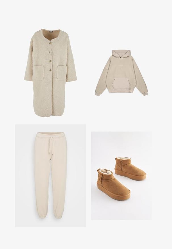 Beige pelsimitationsfrakke med rundet halsudskæring, forreste knaplukning, korte ærmer og to lommer. Blød tekstur og løs pasform.; Beige hætte sweatshirt med en afslappet pasform, kængurulomme, manchetter og en glat tekstur. Har diskrete logo-detaljer på forsiden.; Beige bomuldssweatpants med elastisk talje, snoretræk og elastiske manchetter, præsenteret på en neutral hvid baggrund.; Lysebrune ankelstøvler i ruskind med imiteret pelsforing, flad platformssål og lynlås i siden for nem påtagning. Har rundet tå og minimal syning.