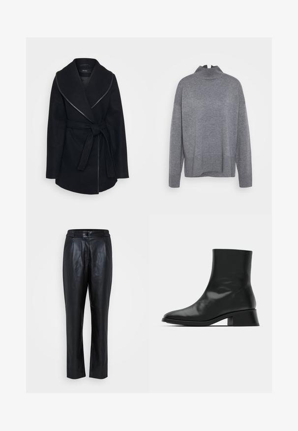 Manteau noir enroulé avec un large col, taille ceinturée et accent de fermeture éclair visible. Fabriqué en tissu doux et texturé avec un design ajusté.; ONLY Tall ONLCOCO LIFE HIGH NECK - Pullover - medium grey melange; Pantalons en cuir noir avec une texture lisse, design à jambe fuselée, taille élastique et détails de couture à l'avant. Adaptés pour un port décontracté ou formel.; Bottine noire en cuir brillant, au design épuré, avec un bout pointu et un petit talon bloc pour plus de stabilité.