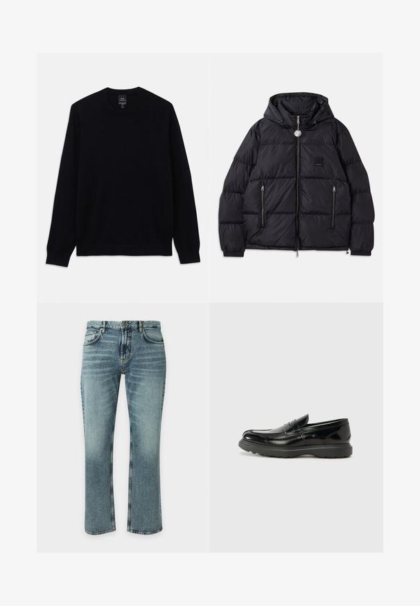 Sort pufferjakke med hætte, der har quiltet tekstur, lynlås foran, to sidelommer og et lille logo mærke på brystet.; Sort langærmet crewneck sweater med ribbet manchetter og nederkant, Armani Exchange mærket synligt på indersiden af kraven.; Blå denimjeans med en let falmet vask, klassisk fem-lomme stil, knaplukning og lige ben på en ensartet baggrund.; Sort læderloafer med en blank finish, rund tå, subtile syninger og en tyk gummisål for holdbarhed.