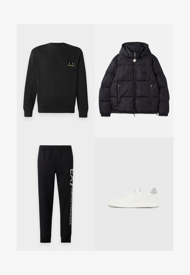 Zwarte pufferjack met capuchon, voorzien van een gewatteerde textuur, een rits aan de voorkant, twee zijzakken en een klein logo-op-patch op de borst.; Zwarte sweatshirt met lange mouwen en ronde hals, met klein beige Armani Exchange-logo op de linkerborst.; Zwarte sweatpants van een katoenmix, met een elastische tailleband, taps toelopende benen, ribgebreide boorden en een wit logo-opdruk langs de zijkant.; Witte lage sneaker met grijze hielpatch, witte veters en een gestructureerde zool, gepresenteerd op een effen lichte achtergrond.
