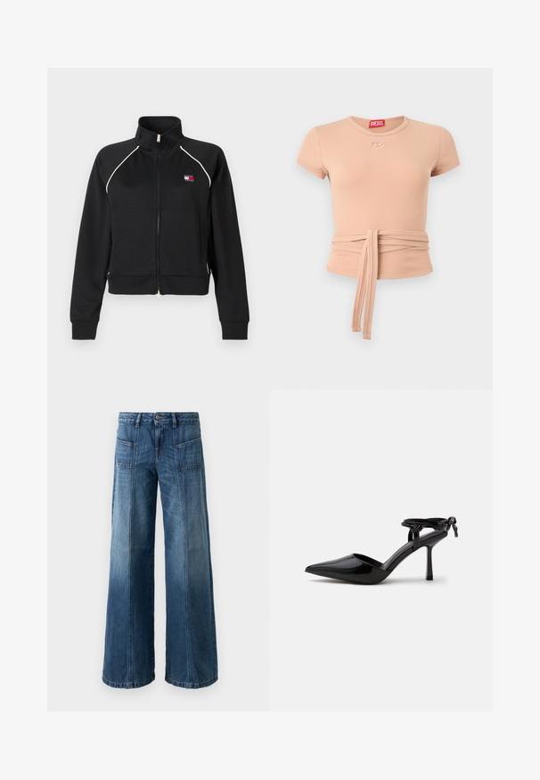 Zwarte jas met ritssluiting en hoge kraag, gemaakt van gladde stof. Heeft witte bies langs de schouders en een klein logo op de borst.; Beige geribd T-shirt met korte mouwen, een ronde hals, een wikkelriem en een klein Diesel-logo vlak bij de halslijn aan de voorkant.; Wijd been jeans in een vervaagde blauwe denim. Voorzien van vijf zakken, een knoop- en ritssluiting, met zichtbare stiksels en een losse pasvorm.; Zwarte lakleren hoge hakken schoen met spits toelopende neus en enkelbandje achter gebonden in een knoop, afgebeeld op een effen witte achtergrond.